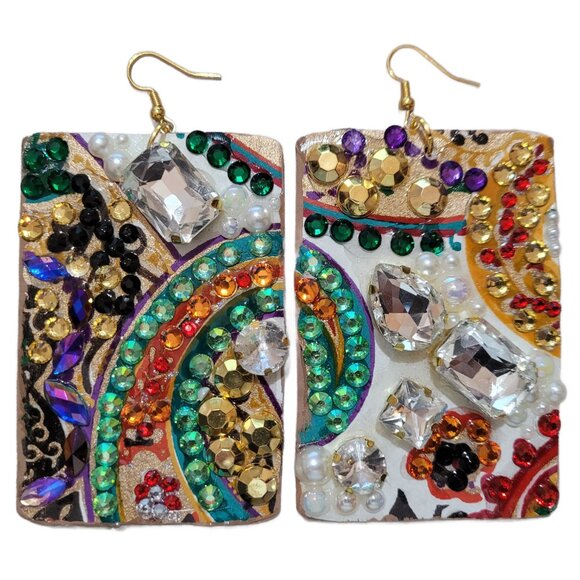 Big Rhinestone Earrings, Wood Statement Earrings Handmade - Picture 1 of 2